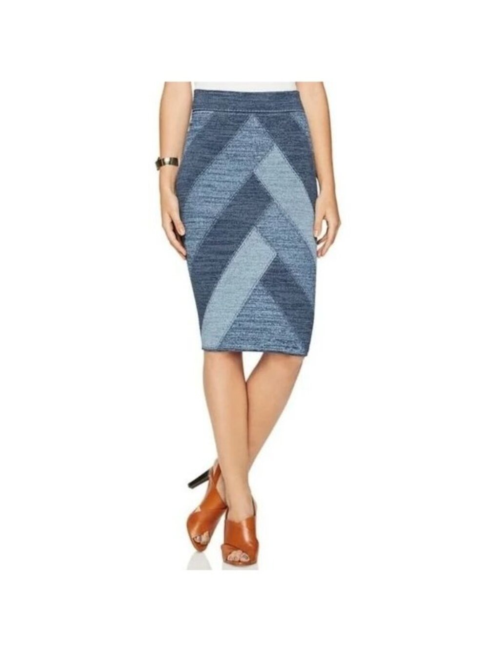 BCBG Max Azria Denim Combo Chevron Patterned Pencil Skirt Medium NWT $198